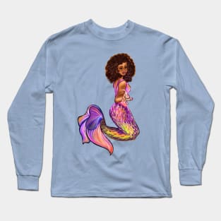 Mermaid  with rainbow coloured colored fins, outstretched  arm, brown eyes, Curly hair  and caramel brown skin - light background Long Sleeve T-Shirt